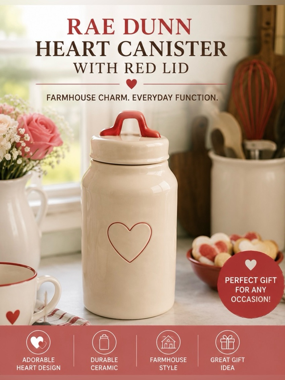 Rae Dunn Heart Canister Red Lid Farmhouse Kitchen Decor Valentine Gift